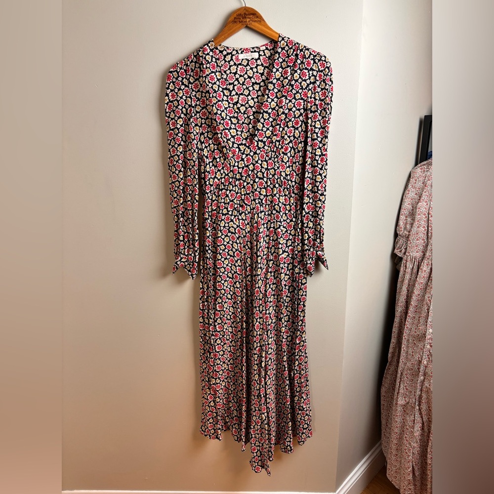 Doen Charleston Navy Bellflower Blossom v-neck long sleeve floral dress viscose